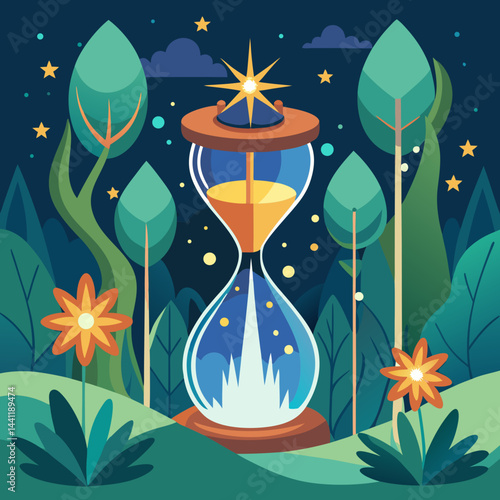 An hourglass adorned with stars and plants, symbolizing the passage of time and nature's beauty.