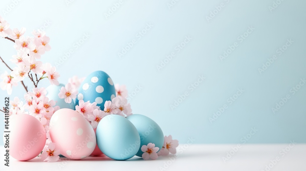 Obraz premium Colorful Easter eggs nestled among delicate pink cherry blossoms on a minimalist white surface, soft pastel background, and springtime celebration concept.
