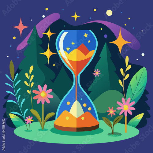 An hourglass adorned with stars and plants, symbolizing the passage of time and nature's beauty.