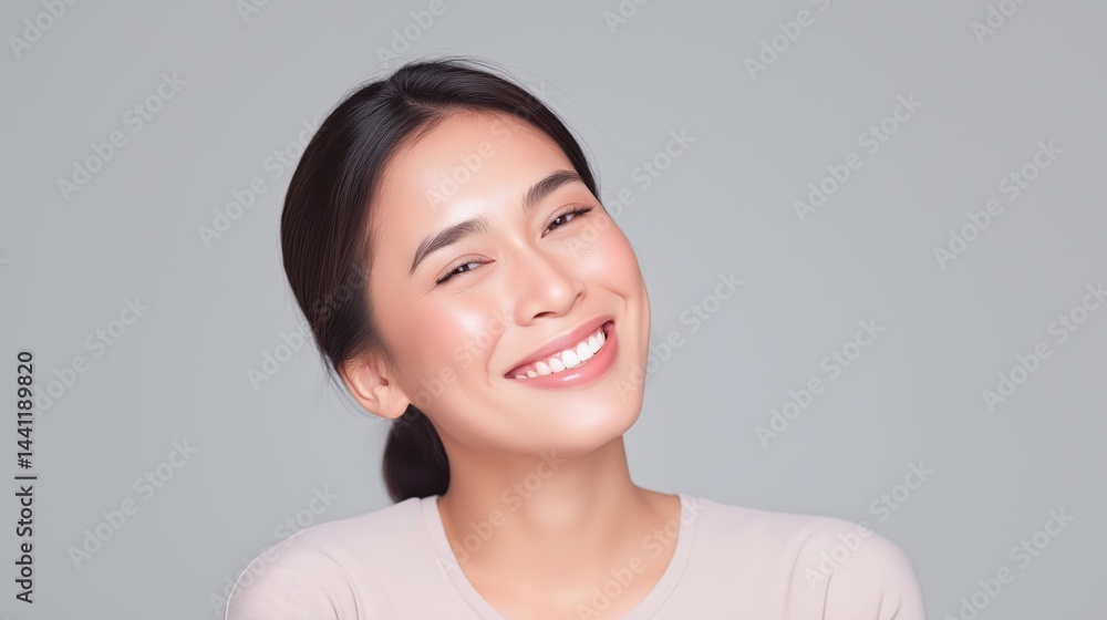 Smiling Asian woman with natural beauty and radiant skin poses against a smooth gray background indoors.