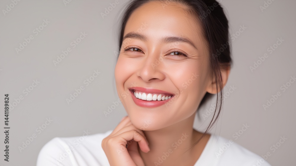 Smiling Asian woman with long hair poses warmly in a bright indoor setting during daytime.