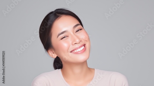 Obraz na płótnie Smiling Asian woman with natural beauty and radiant skin poses against a smooth gray background indoors. w salonie