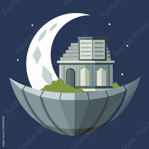 Flat design of a city skyline under a moonlit sky with clouds drifting by.