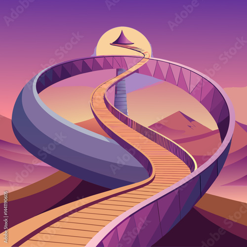 A vibrant purple spiral staircase stands alone in a vast desert landscape.