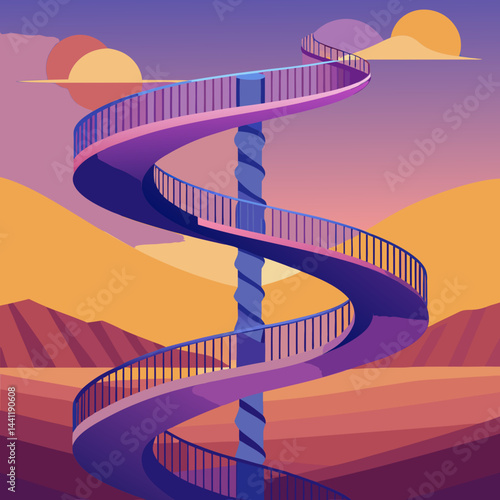 A vibrant purple spiral staircase stands alone in a vast desert landscape.