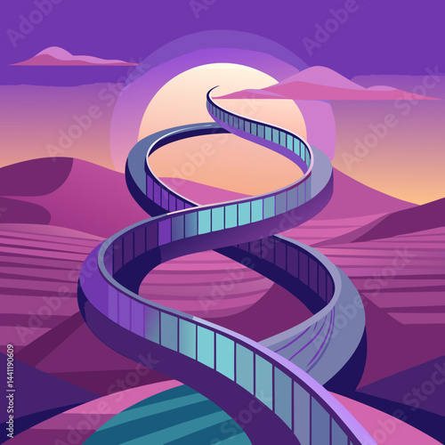 A vibrant purple spiral staircase stands alone in a vast desert landscape.