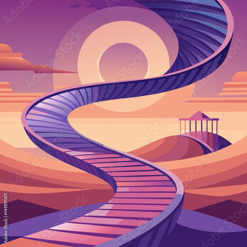 A vibrant purple spiral staircase stands alone in a vast desert landscape.