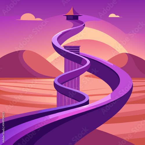 A vibrant purple spiral staircase stands alone in a vast desert landscape.
