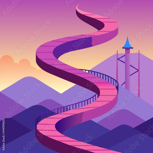 A vibrant purple spiral staircase stands alone in a vast desert landscape.