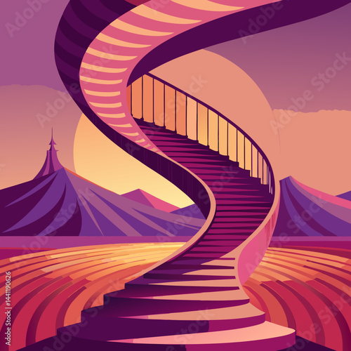 A vibrant purple spiral staircase stands alone in a vast desert landscape.