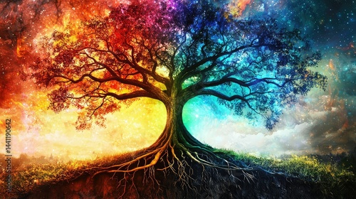 A cosmic Tree of Life with colorful branches forming a galaxy in the sky, its roots planted firmly in a lush, vibrant land below.