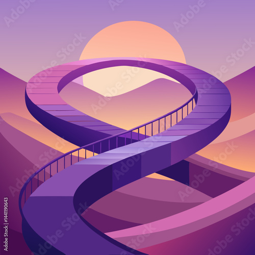 A vibrant purple spiral staircase stands alone in a vast desert landscape.