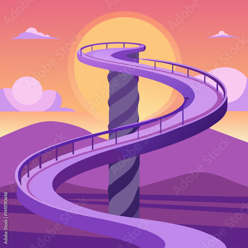 A vibrant purple spiral staircase stands alone in a vast desert landscape.