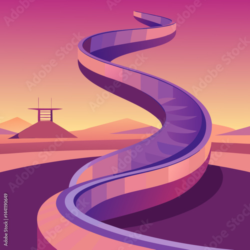 A vibrant purple spiral staircase stands alone in a vast desert landscape.