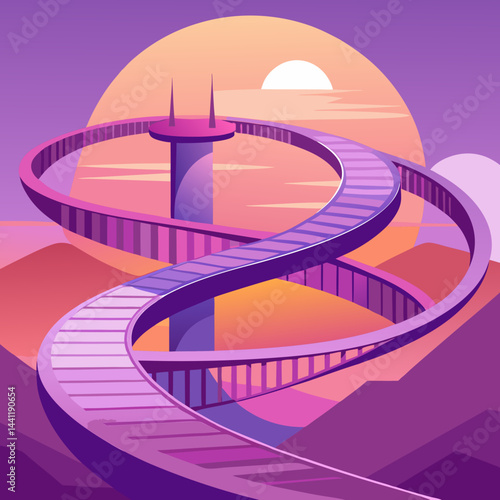 A vibrant purple spiral staircase stands alone in a vast desert landscape.
