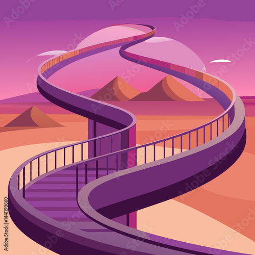 A vibrant purple spiral staircase stands alone in a vast desert landscape.