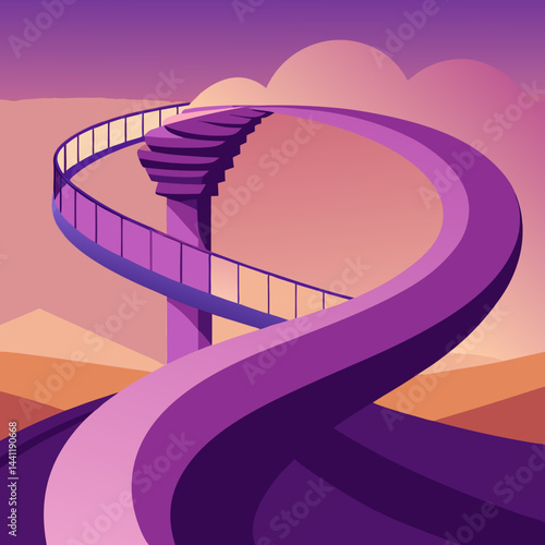 A vibrant purple spiral staircase stands alone in a vast desert landscape.