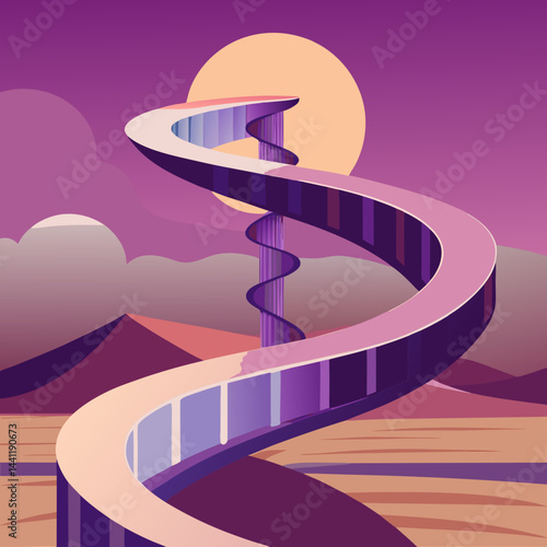A vibrant purple spiral staircase stands alone in a vast desert landscape.