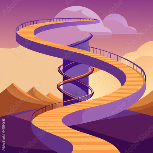 A vibrant purple spiral staircase stands alone in a vast desert landscape.