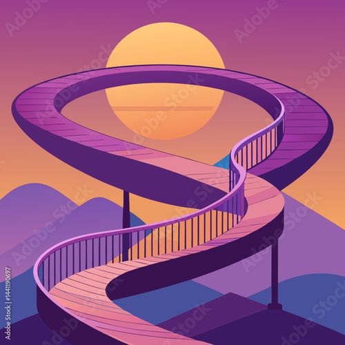 A vibrant purple spiral staircase stands alone in a vast desert landscape.
