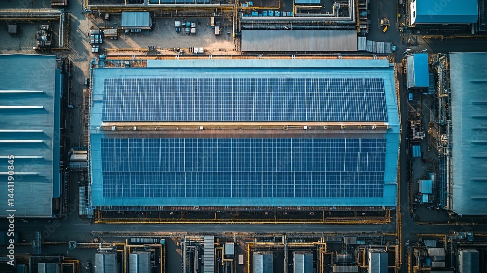 Aerial view of a factory building with solar panels. Aerial view of a factory building with solar panels.