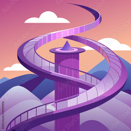 A vibrant purple spiral staircase stands alone in a vast desert landscape.