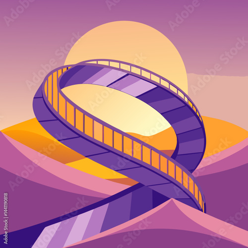 A vibrant purple spiral staircase stands alone in a vast desert landscape.