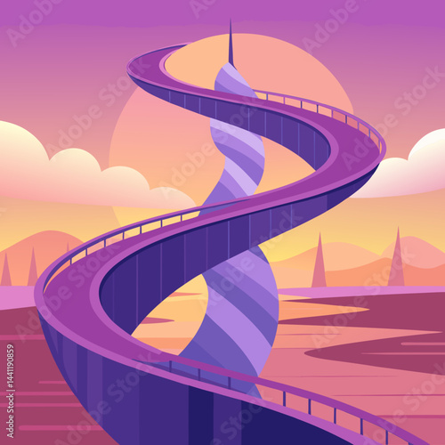 A vibrant purple spiral staircase stands alone in a vast desert landscape.