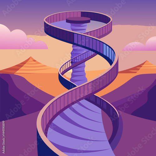 A vibrant purple spiral staircase stands alone in a vast desert landscape.