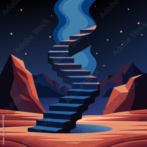 A stairway leads up a mountain under a beautiful starry sky, creating a serene and magical atmosphere.
