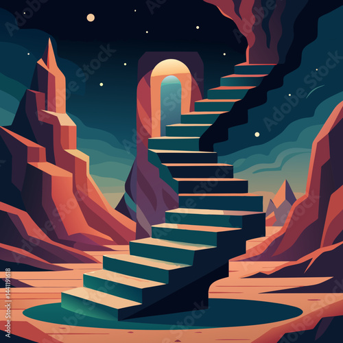 A stairway leads up a mountain under a beautiful starry sky, creating a serene and magical atmosphere.