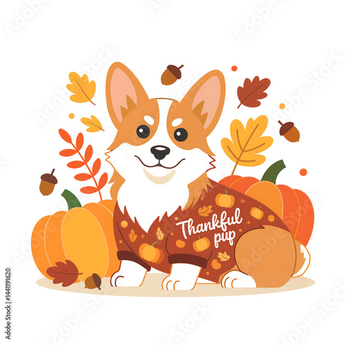 Adorable Corgi Puppy Illustration in Cozy Fall Jacket Surrounded by Pumpkins and Leaves - Cute Cartoon for Thanksgiving and Seasonal Home Decor
