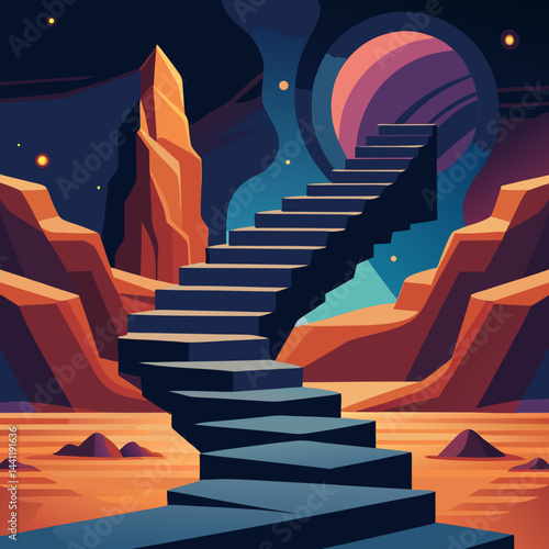 A stairway leads up a mountain under a beautiful starry sky, creating a serene and magical atmosphere.
