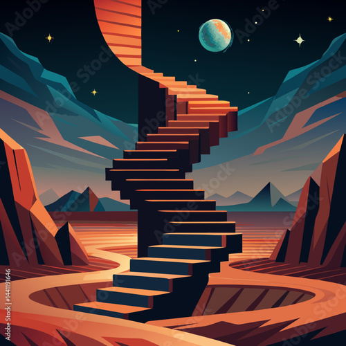 A stairway leads up a mountain under a beautiful starry sky, creating a serene and magical atmosphere.