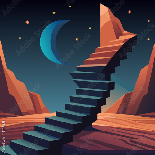 A stairway leads up a mountain under a beautiful starry sky, creating a serene and magical atmosphere.