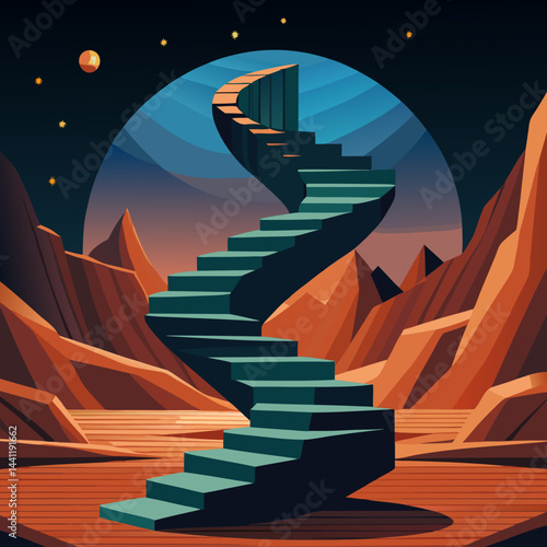 A stairway leads up a mountain under a beautiful starry sky, creating a serene and magical atmosphere.