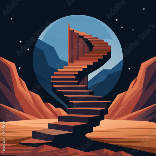 A stairway leads up a mountain under a beautiful starry sky, creating a serene and magical atmosphere.