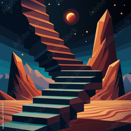 A stairway leads up a mountain under a beautiful starry sky, creating a serene and magical atmosphere.