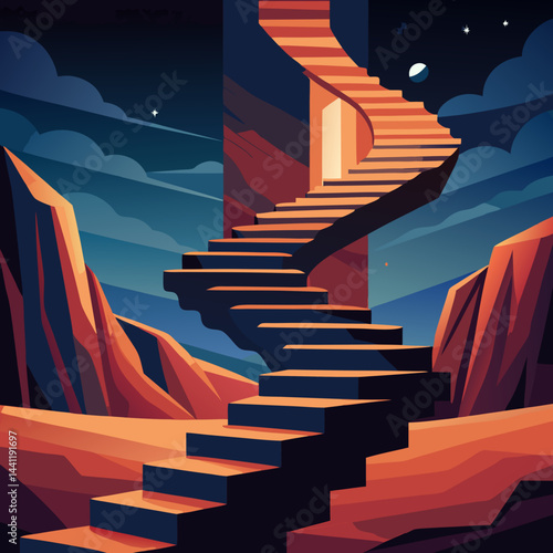 A stairway leads up a mountain under a beautiful starry sky, creating a serene and magical atmosphere.