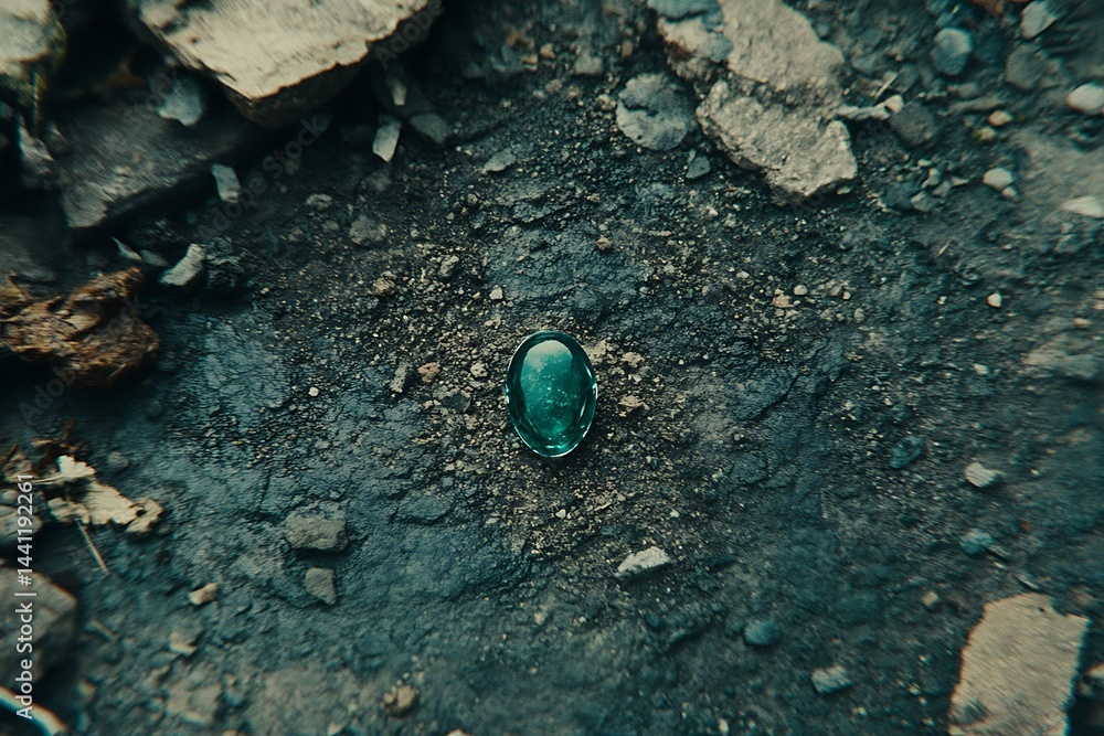 Emerald Droplet on Rocky Terrain Under Dim Lighting Conditions Emerald Droplet on Rocky Terrain Under Dim Lighting Conditions