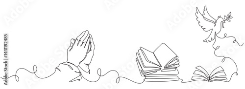 Line art of praying religious hands and flying doves. for peace and gratitude.