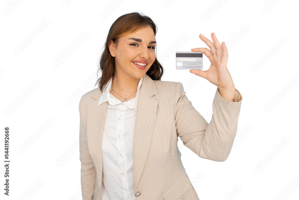 Confident businesswoman displaying credit card, representing digital payment and e-commerce security Confident businesswoman displaying credit card, representing digital payment and e-commerce security