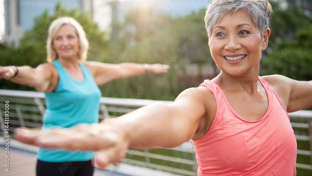Fototapeta premium Two mature women are standing outdoors with their arms outstretched doing a yoga session.