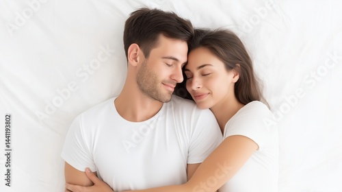 Obraz na płótnie Couple enjoying a moment of intimacy while lying on a white bed in a cozy bedroom setting. w salonie