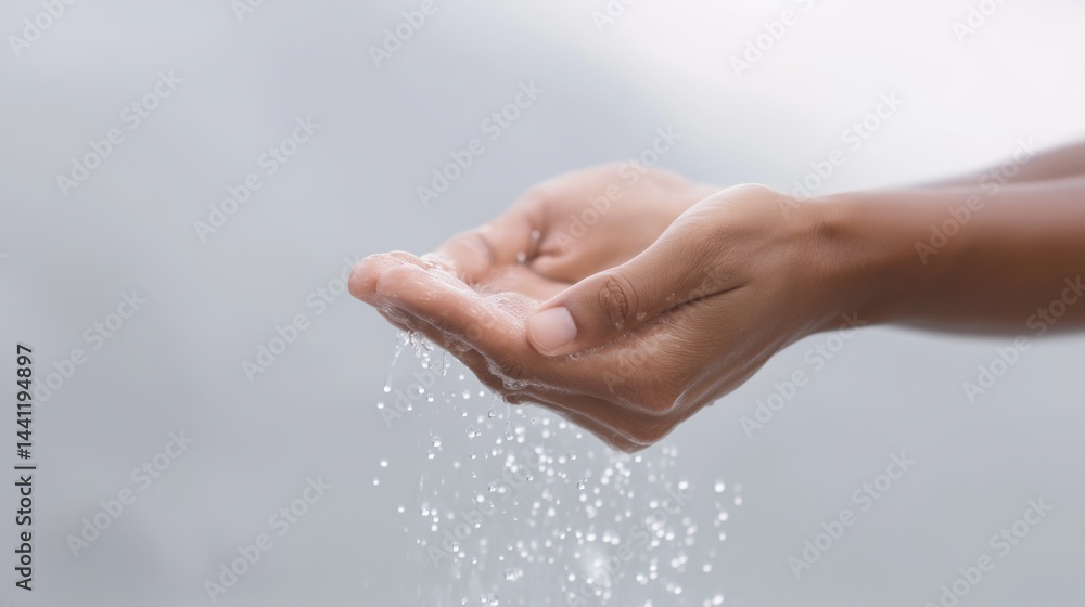 Hands gently releasing water droplets in a serene setting near a natural body of water during daylight hours.