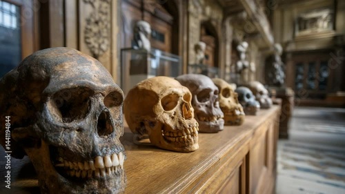 Human evolution displayed with multiple fossil skulls lined up in a museum exhibit for public viewing and scientific study.