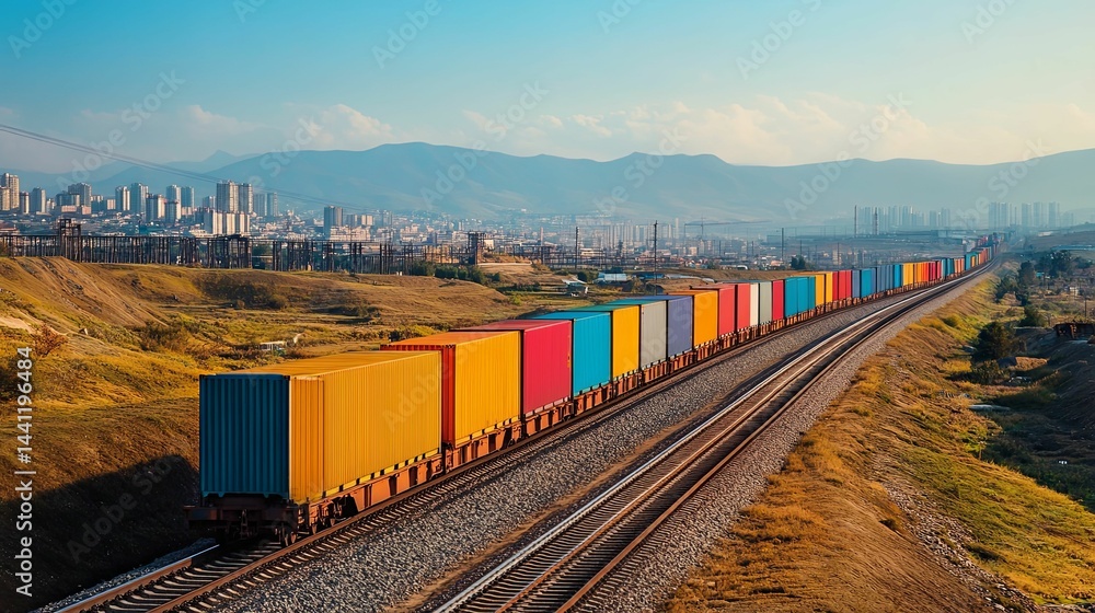 Fototapeta premium Colorful freight train on railway tracks with city view.