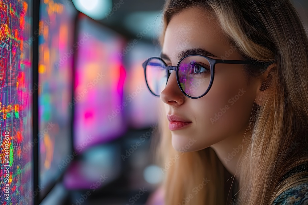 Woman with Glasses Looking at Colorful Screen Displays Woman with Glasses Looking at Colorful Screen Displays