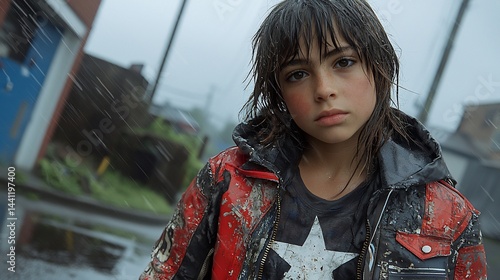A young person, drenched in rain, stands in a city street