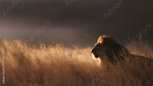 Majestic lion in golden savanna